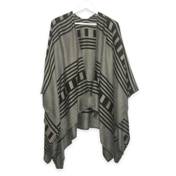 BB Dakota Striped Knit Blanket Wrap Shawl Black Gray OS - Picture 2 of 8